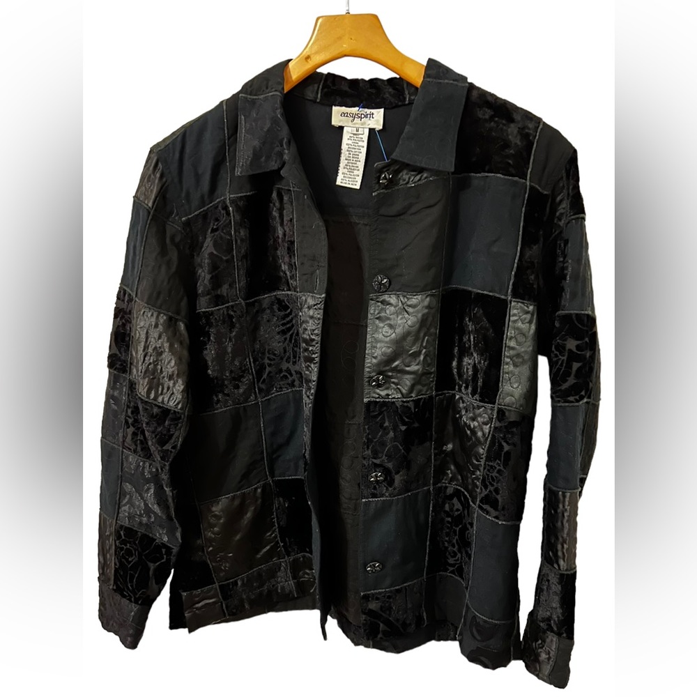 Vintage Easyspirit black patch work velvet button up oversized jacket size M